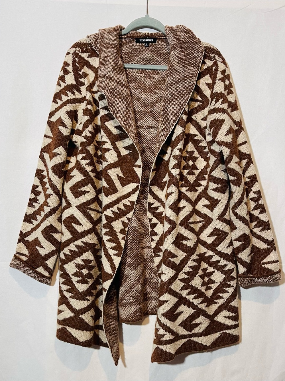 Steve Madden Brown and Cream Aztec Hooded Open Cardigan